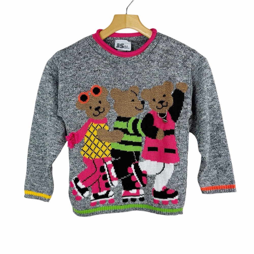 Vintage JS Kids Acrylic Knit Sweater Bears Roller Skating Pullover Size 7/8